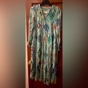 Anthropologie Multicolor Aqua Teal Pattern Long Sleeve Maxi Dress
